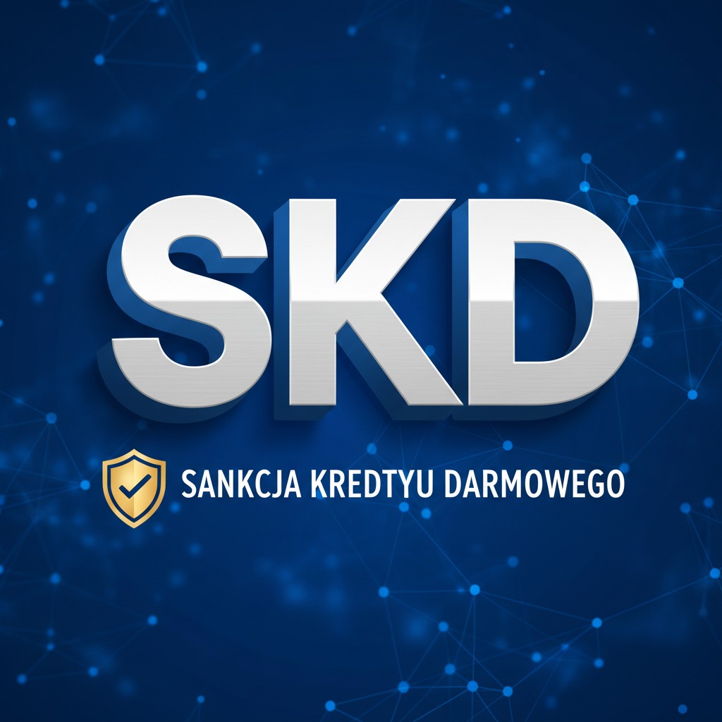 Napis SKD oraz tekst Sankcja Kredytu Darmowego z ikoną tarczy na niebieskim tle z cyfrową siecią połączeń.